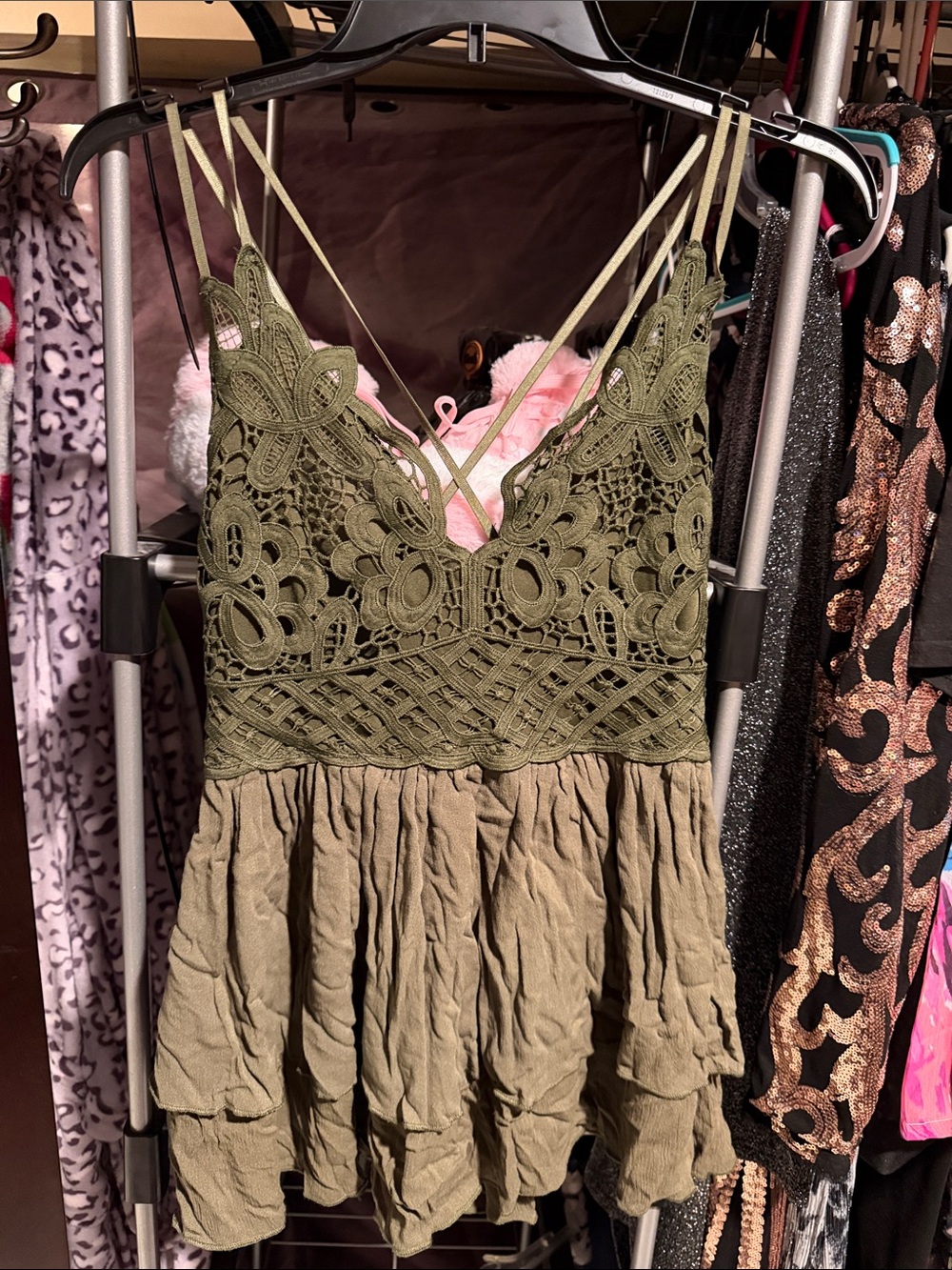NWOT Olive Green Crochet Lace Tiered Spaghetti Strap Tank